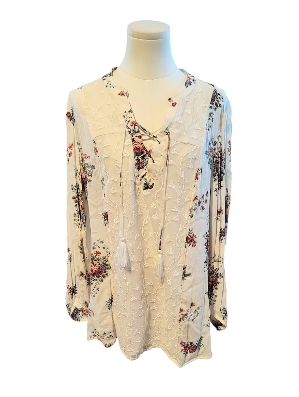 Style & Co Bohemian Cottagecore White Blouse With Pink Green Floral Size Large